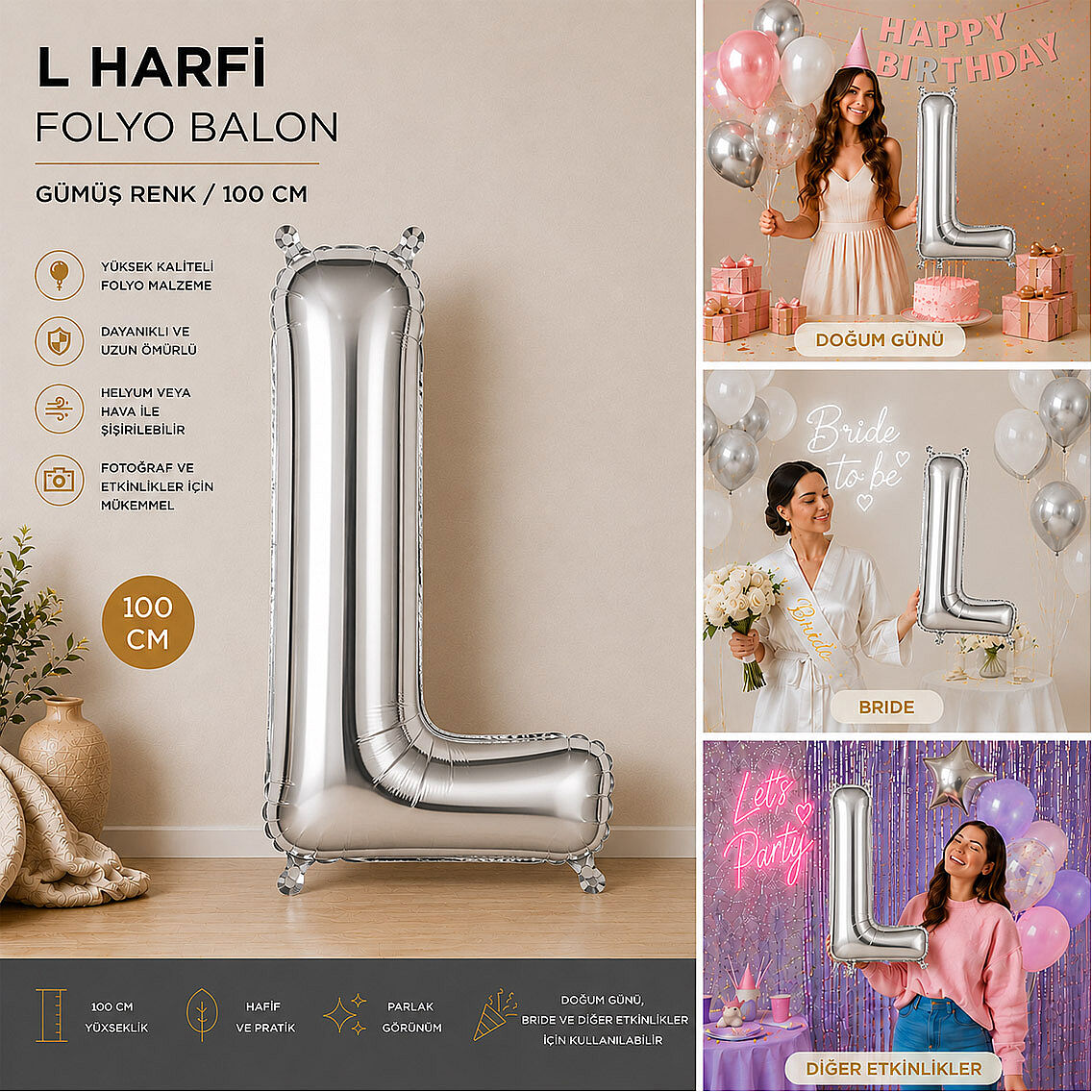 L Harfi Folyo Balon Gümüş Rengi (100 cm) - 2