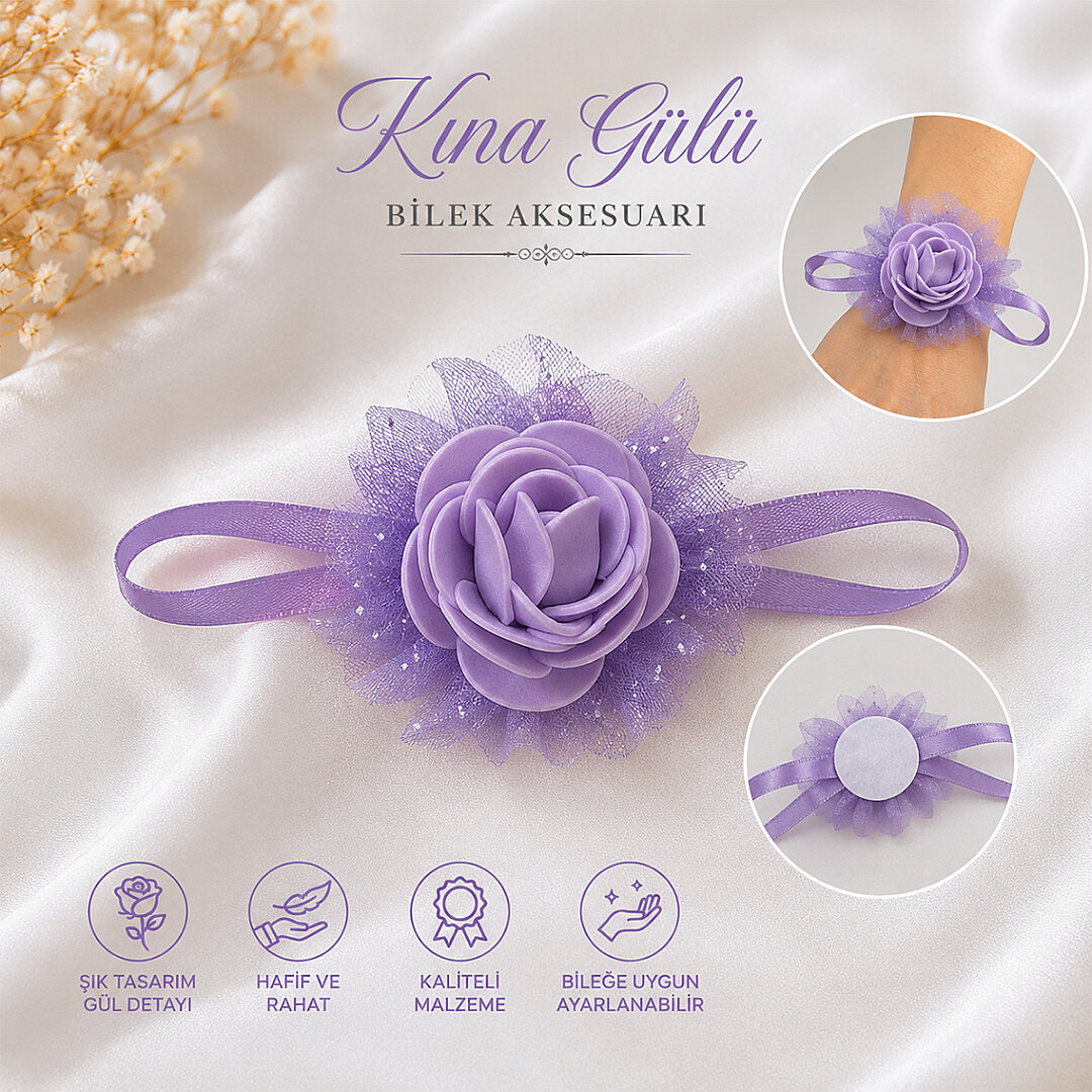 Lila Güllü Kına Bilekliği - Kına Gecesi Nedime El Gülü Aksesuarı - 2