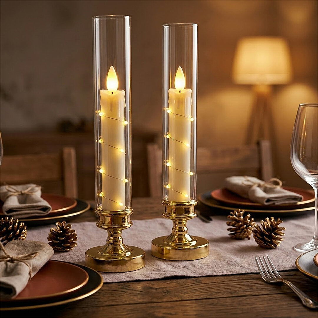 Luxury Collection Gold Ayaklı Cam Fanuslu Led Mum Seti 2'li Premium Dekoratif Aydınlatma 26 cm - 2