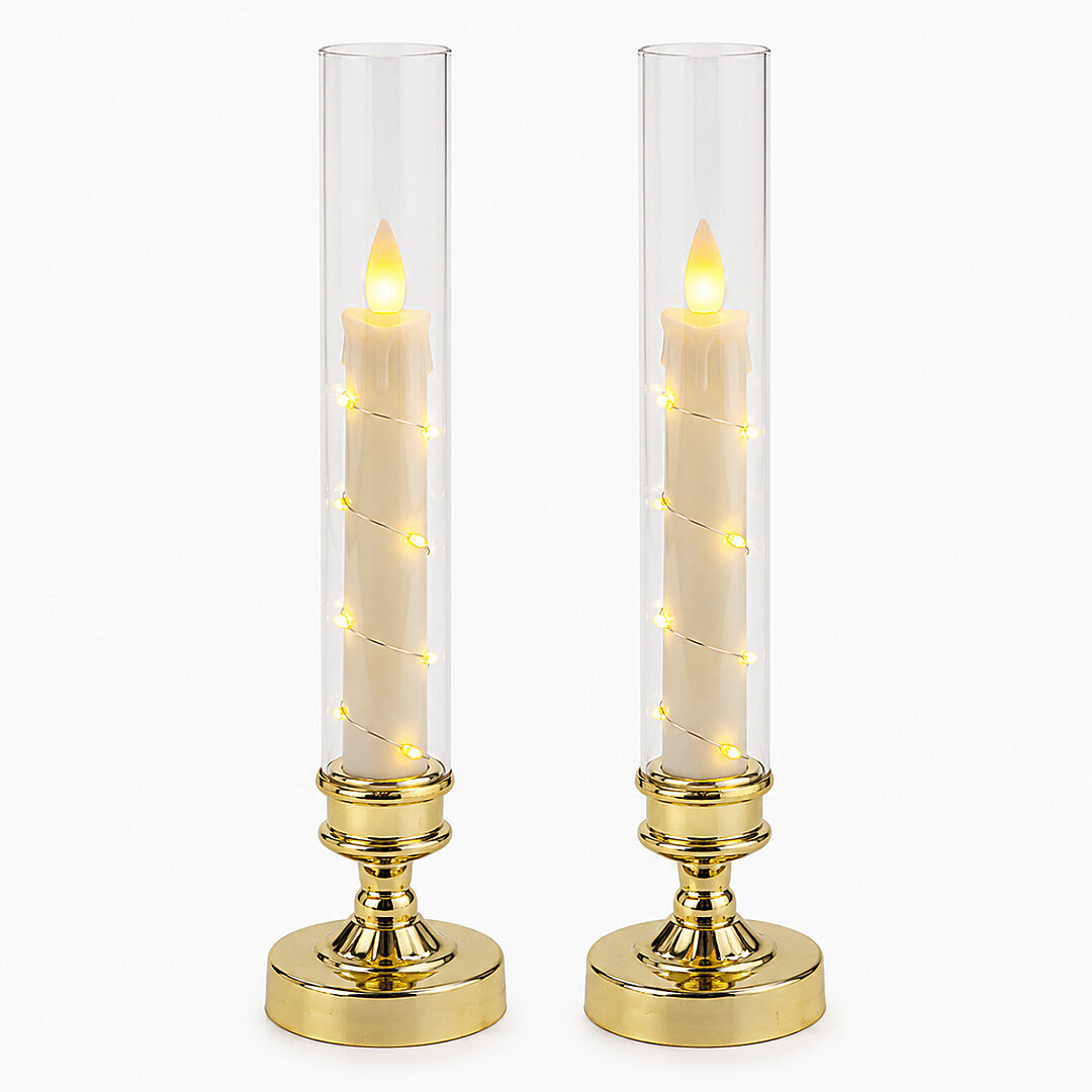 Luxury Collection Gold Ayaklı Cam Fanuslu Led Mum Seti 2'li Premium Dekoratif Aydınlatma 26 cm - 1
