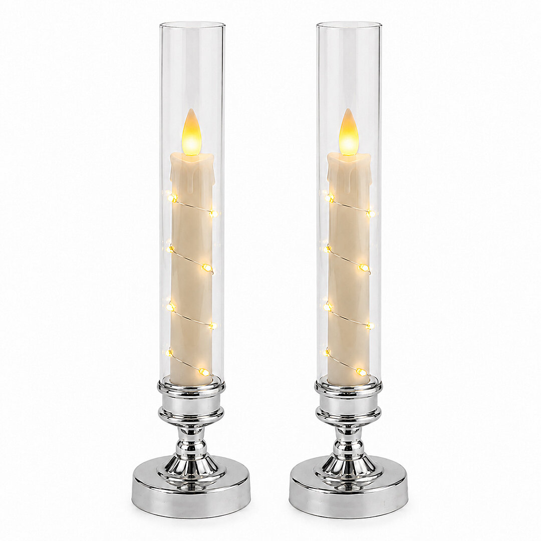 Luxury Collection Gümüş Ayaklı Cam Fanuslu Led Mum Seti 2'li Premium Dekoratif Aydınlatma 26 cm - Beysüs