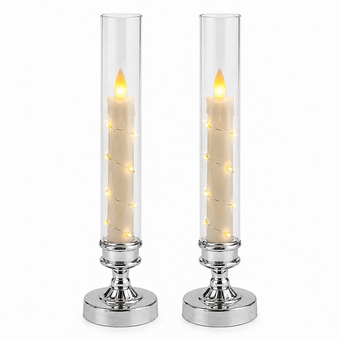 Luxury Collection Gümüş Ayaklı Cam Fanuslu Led Mum Seti 2'li Premium Dekoratif Aydınlatma 26 cm - 1