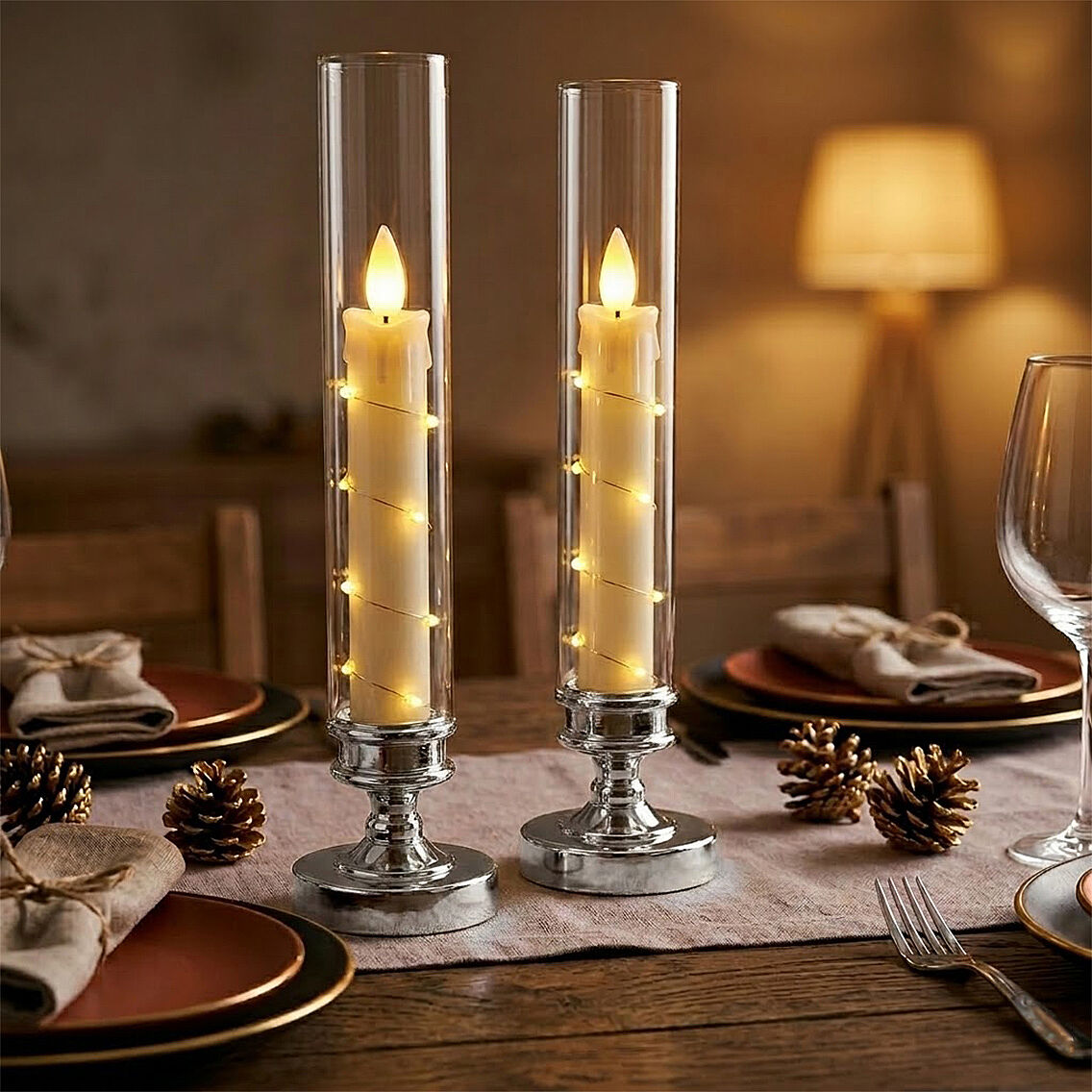 Luxury Collection Gümüş Ayaklı Cam Fanuslu Led Mum Seti 2'li Premium Dekoratif Aydınlatma 26 cm - 2