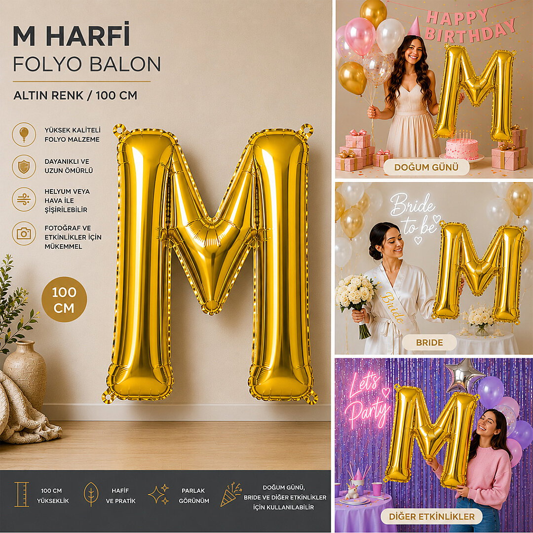 M Harfi Folyo Balon Altın Rengi (100 cm) - Beysüs (1)