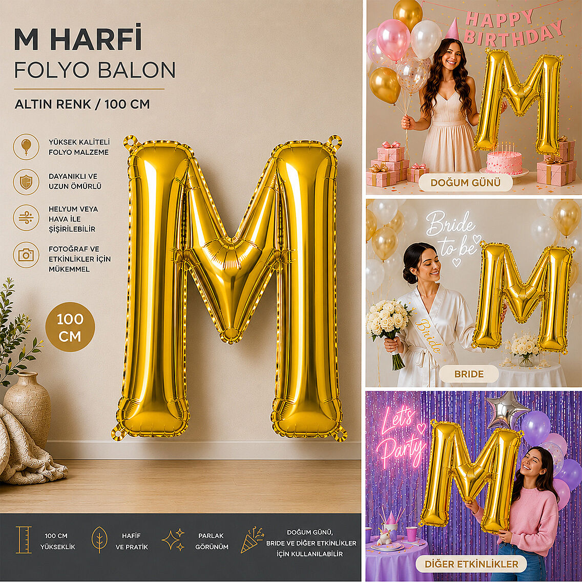 M Harfi Folyo Balon Altın Rengi (100 cm) - 2
