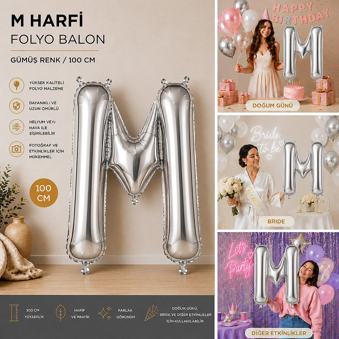 M Harfi Folyo Balon Gümüş Rengi (100 cm) - 2