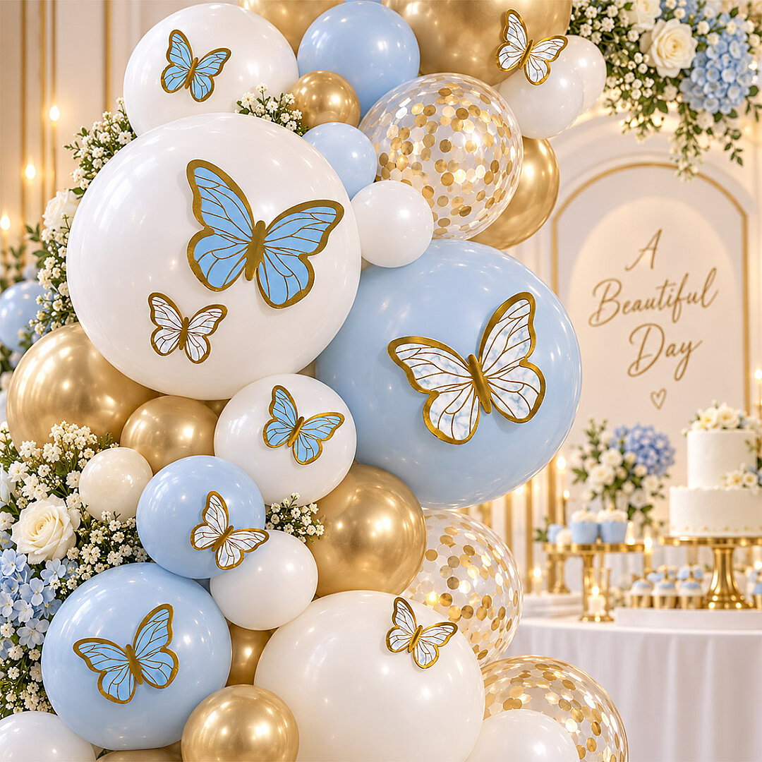 Mavi Beyaz Gold Detaylı Kelebek Balon Süsü 42’li - Beysüs