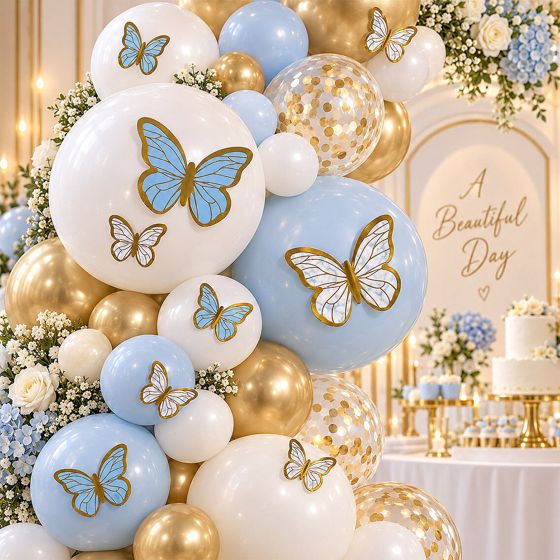 Mavi Beyaz Gold Detaylı Kelebek Balon Süsü 42’li - 1