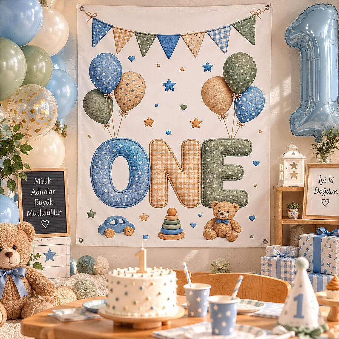 Mavi One 1 Yaş Kumaş Parti Posteri 100x150 cm - 1
