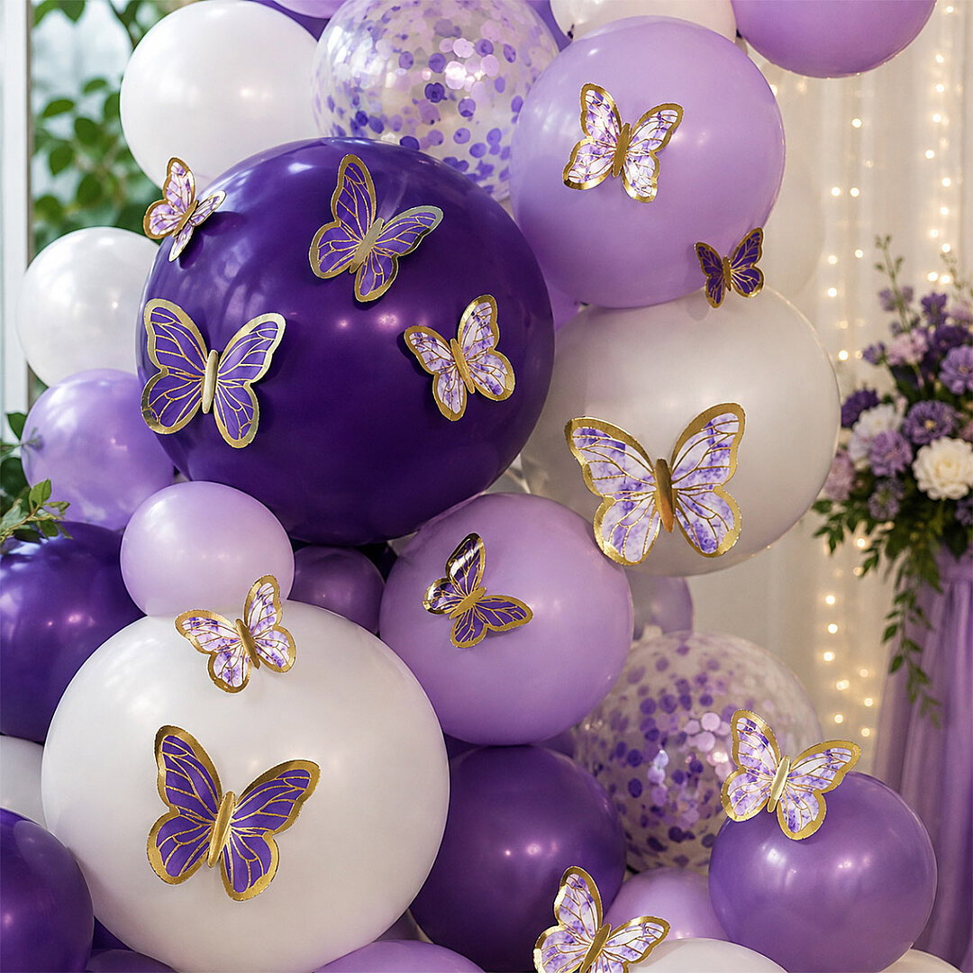 Mor Beyaz Gold Detaylı Kelebek Balon Süsü 42’li - 1