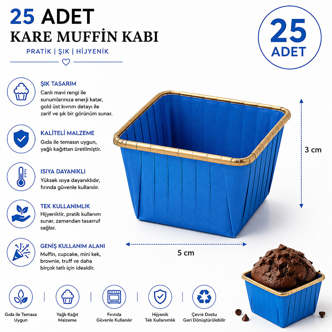 Muffin Kalıbı Kare Mavi 25 Adet - 2