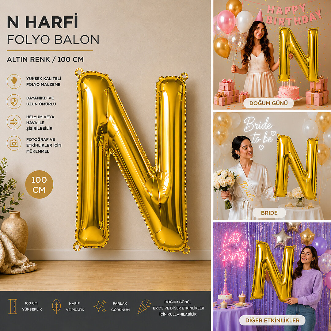 N Harfi Folyo Balon Altın Rengi (100 cm) - 2