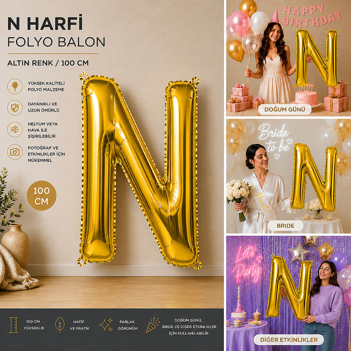 N Harfi Folyo Balon Altın Rengi (100 cm) - 2