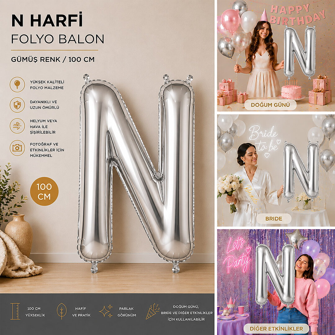 N Harfi Folyo Balon Gümüş Rengi (100 cm) - 2