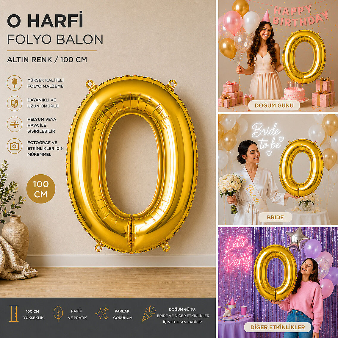 O Harfi Folyo Balon Altın Rengi (100 cm) - 2