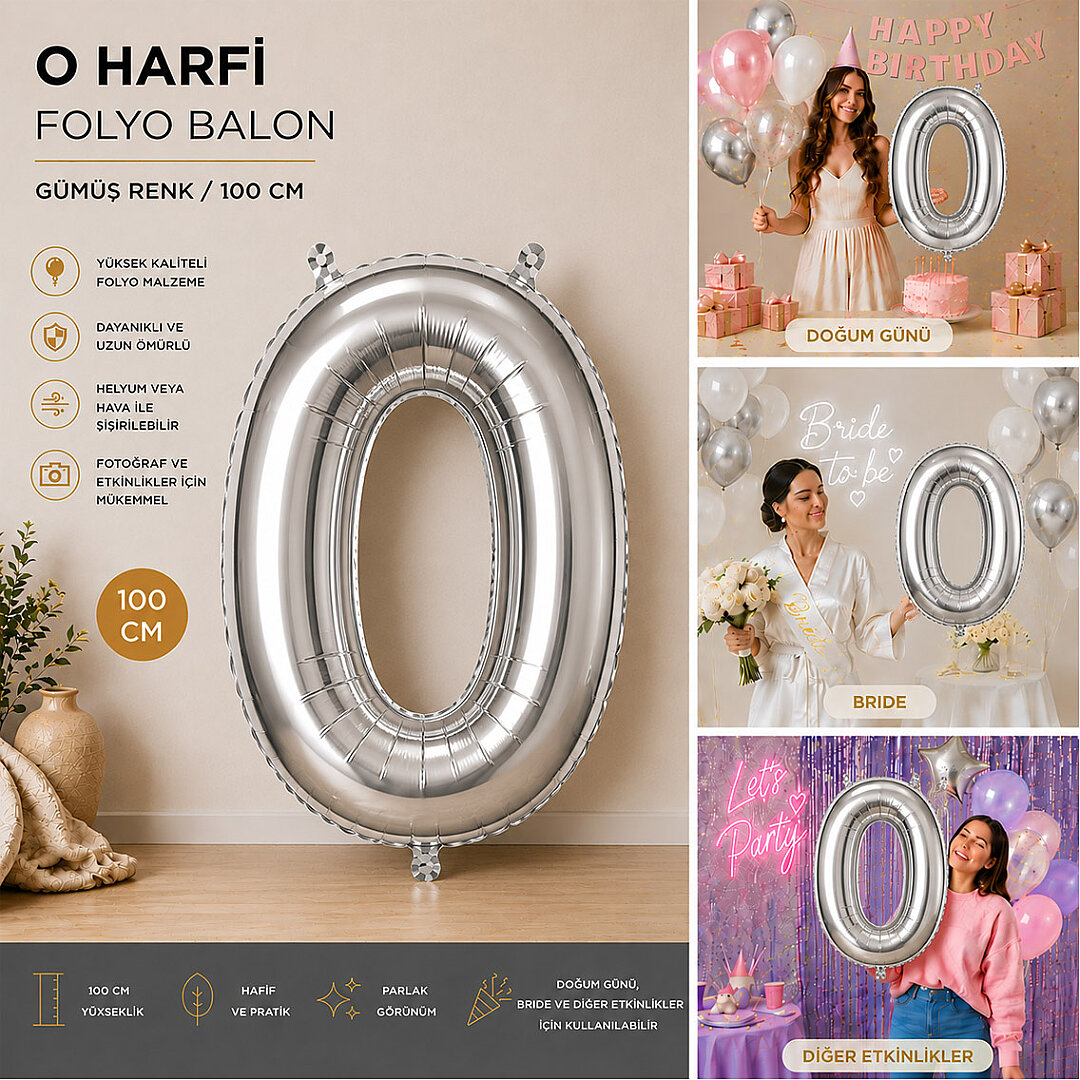 O Harfi Folyo Balon Gümüş Rengi (100 cm) - 2