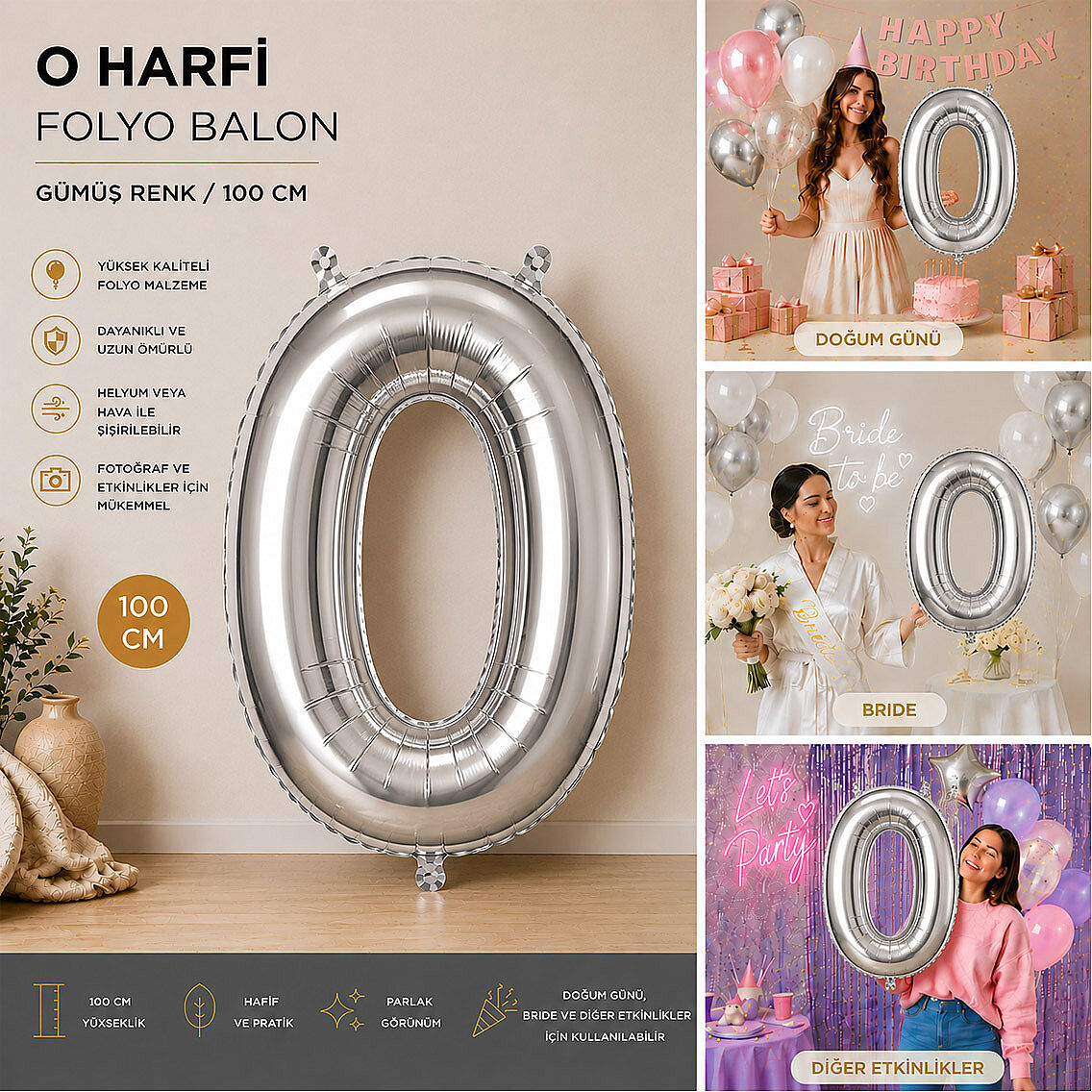 O Harfi Folyo Balon Gümüş Rengi (100 cm) - 2