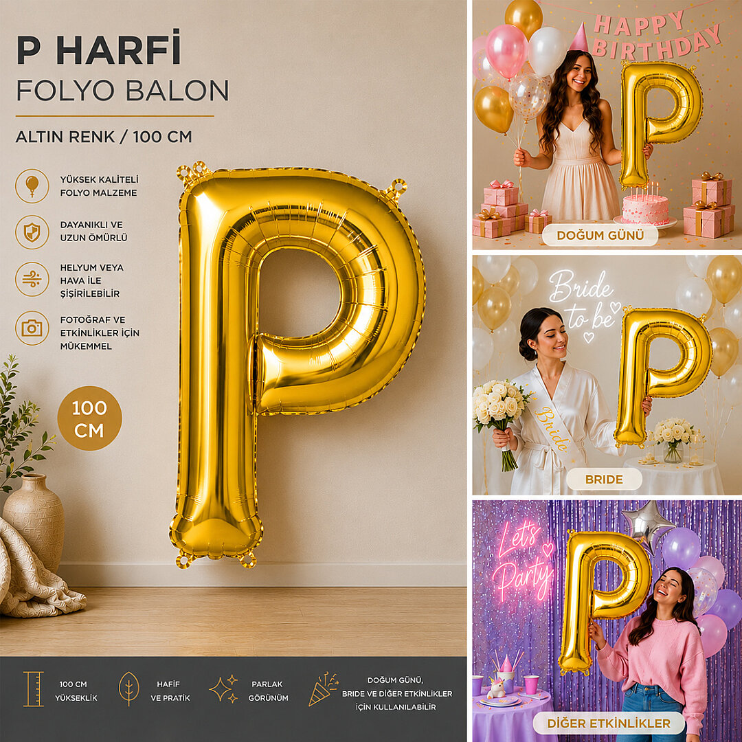 P Harfi Folyo Balon Altın Rengi (100 cm) - 2