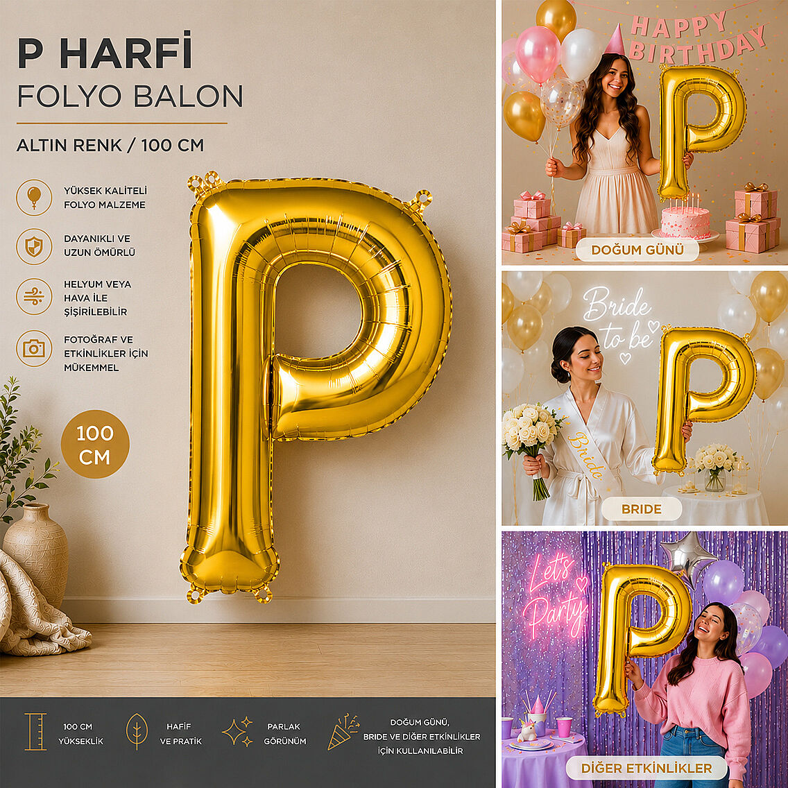 P Harfi Folyo Balon Altın Rengi (100 cm) - 2