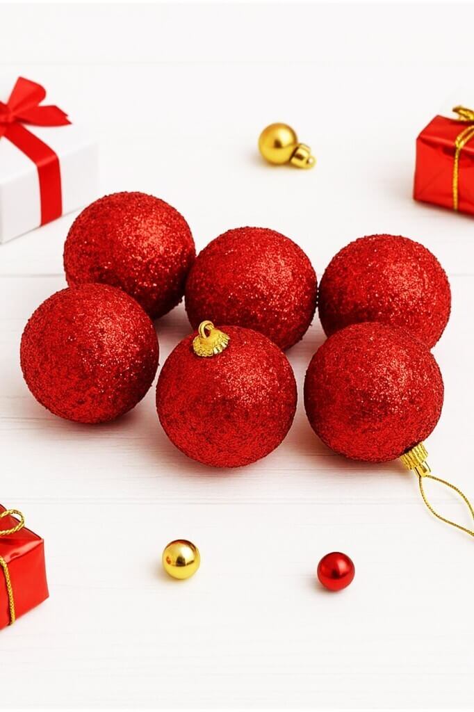 Yılbaşı Çam Ağacı Süsü Parlak Kırmızı Simli Cici Top 7cm 6'lı - 6