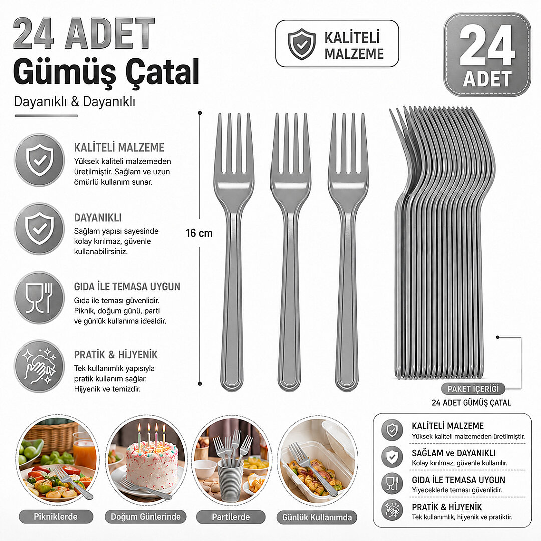 Parti Çatalı Lüks Plastik Gümüş 24 Adet - 2