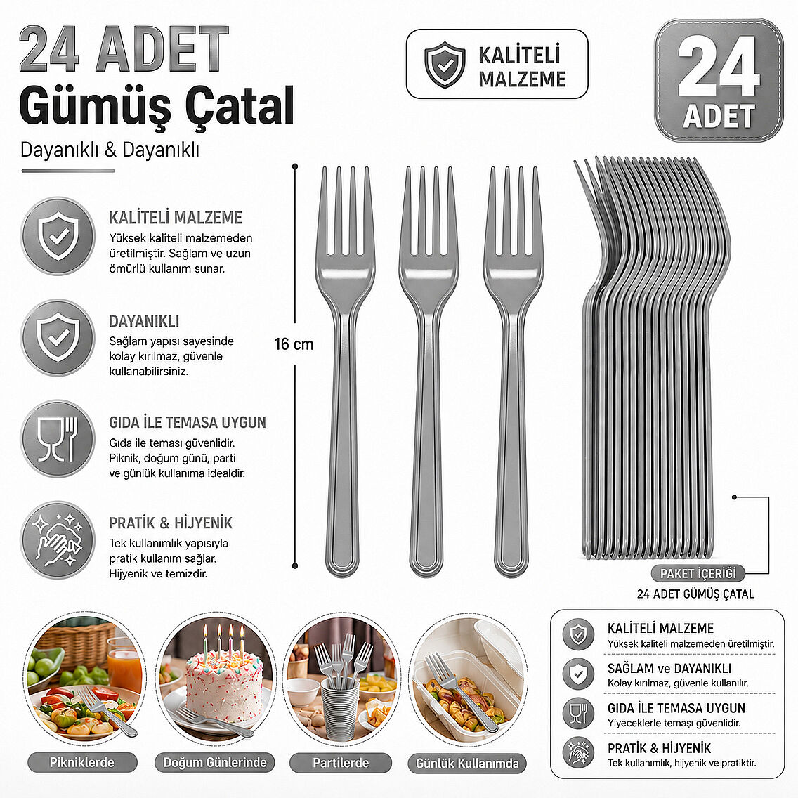 Parti Çatalı Lüks Plastik Gümüş 24 Adet - 2
