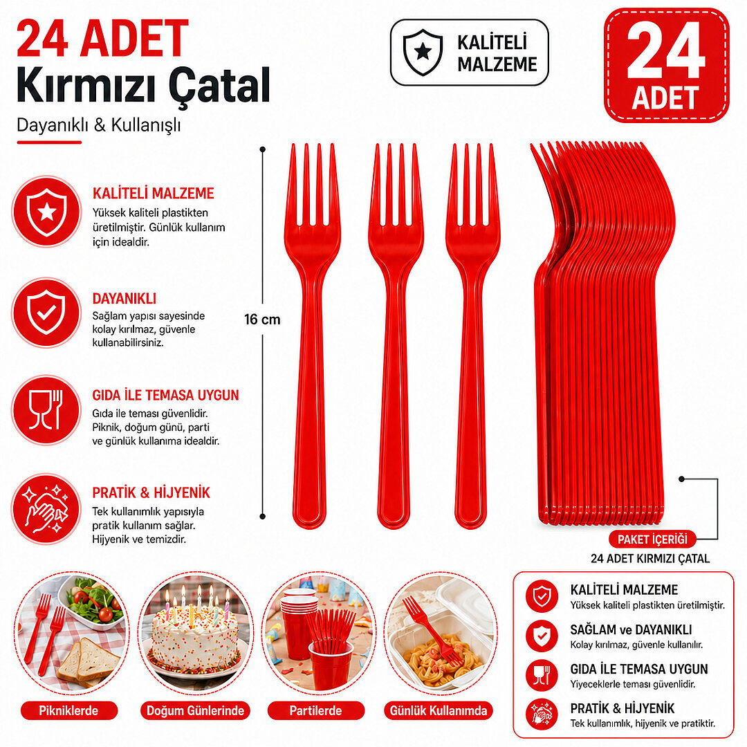 Parti Çatalı Lüks Plastik Kırmızı 24 Adet - Beysüs (1)