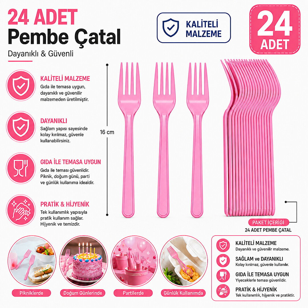 Parti Çatalı Lüks Plastik Pembe 24 Adet - Beysüs (1)