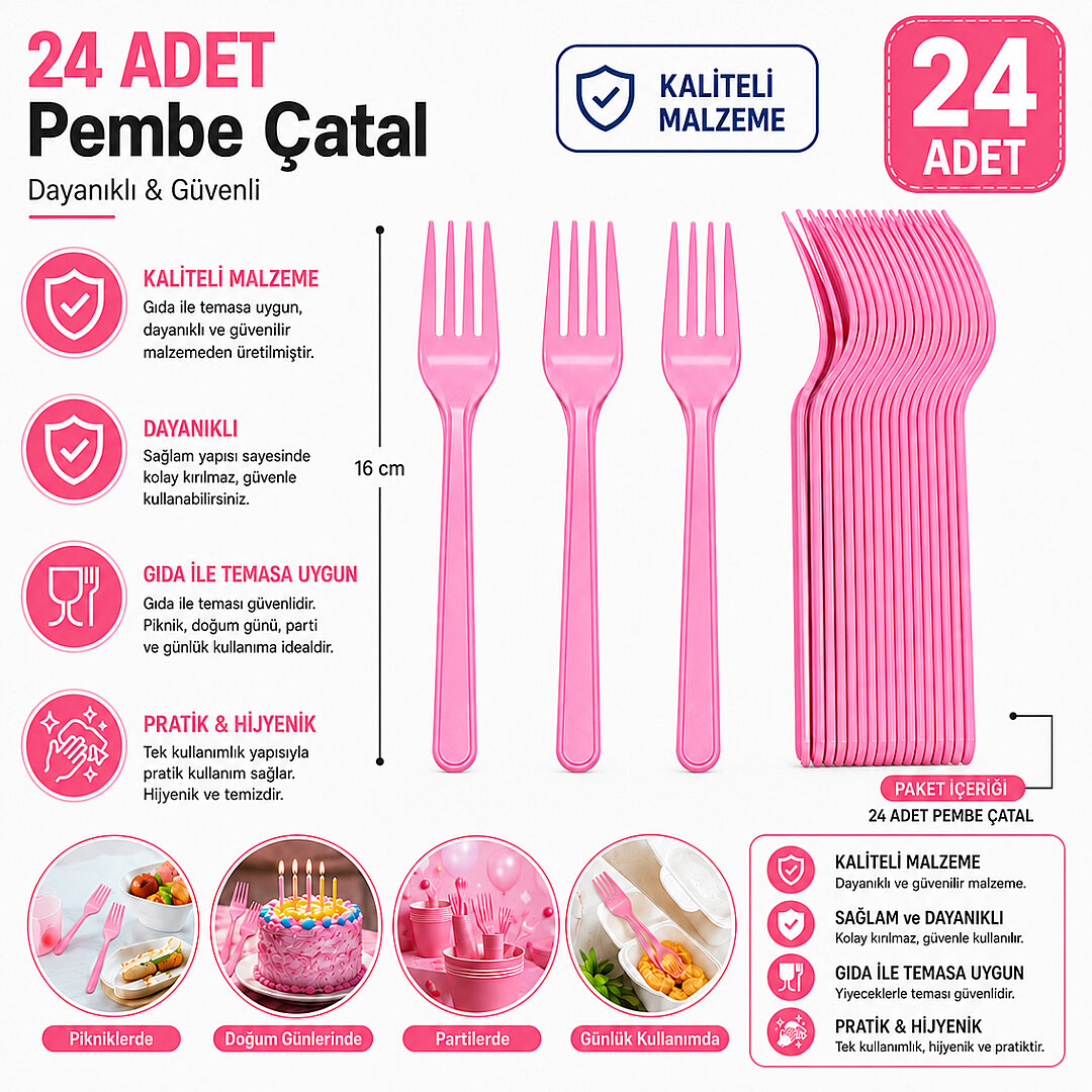 Parti Çatalı Lüks Plastik Pembe 24 Adet - 2