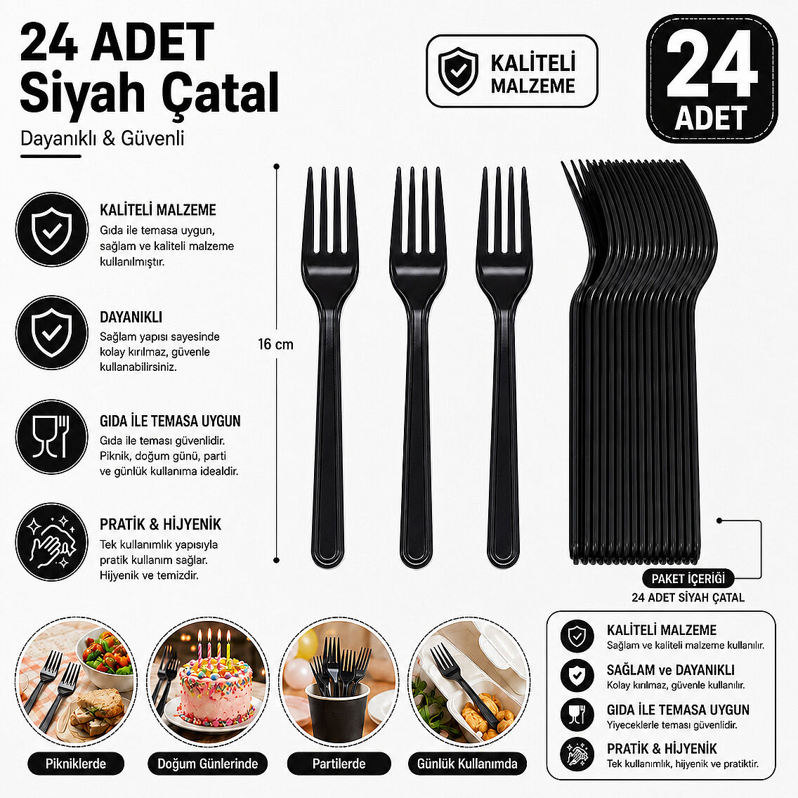 Parti Çatalı Lüks Plastik Siyah 24 Adet - 2
