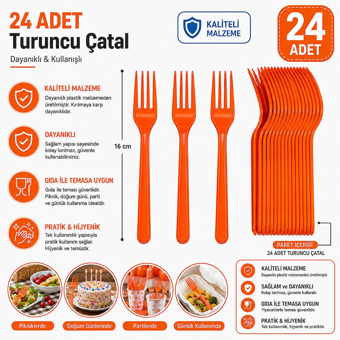 Parti Çatalı Lüks Plastik Turuncu 24 Adet - 2