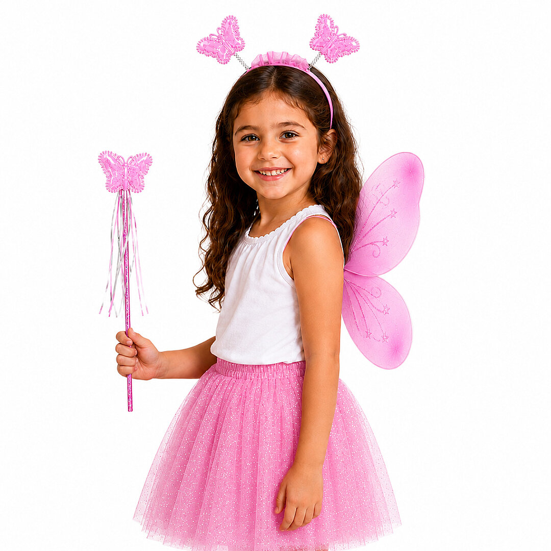 Parti Çocuk Kelebek Kanat Taç Asa Set Pembe - 1