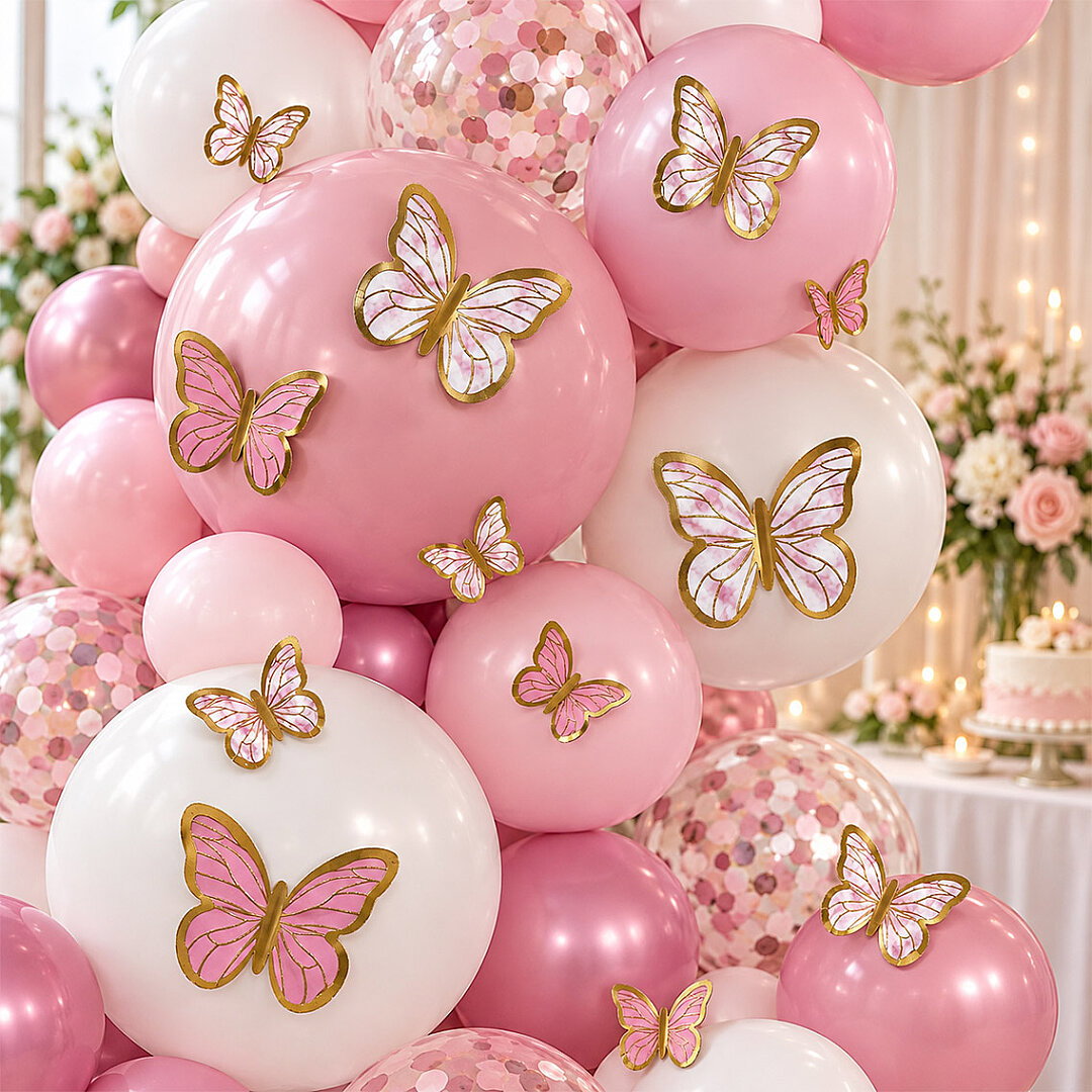 Pembe Beyaz Gold Detaylı Kelebek Balon Süsü 42’li - Beysüs