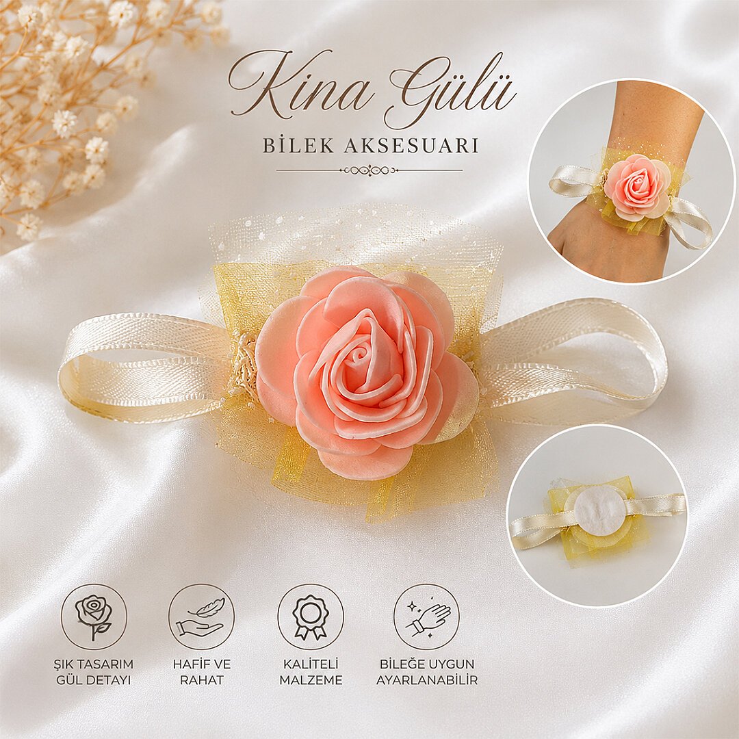 Pembe Güllü Kına Bilekliği - Kına Gecesi Nedime El Gülü Aksesuarı - 2