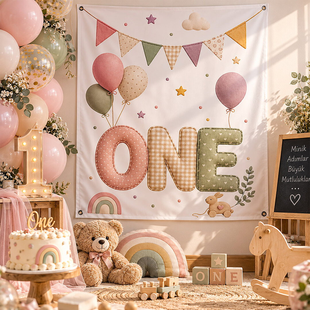 Pembe One 1 Yaş Kumaş Parti Posteri 100x150 cm - 3