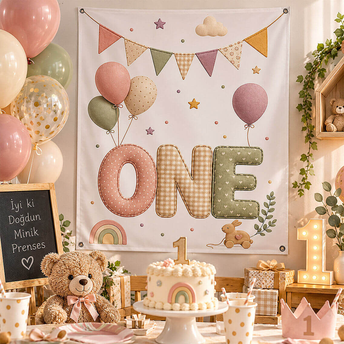 Pembe One 1 Yaş Kumaş Parti Posteri 100x150 cm - 1