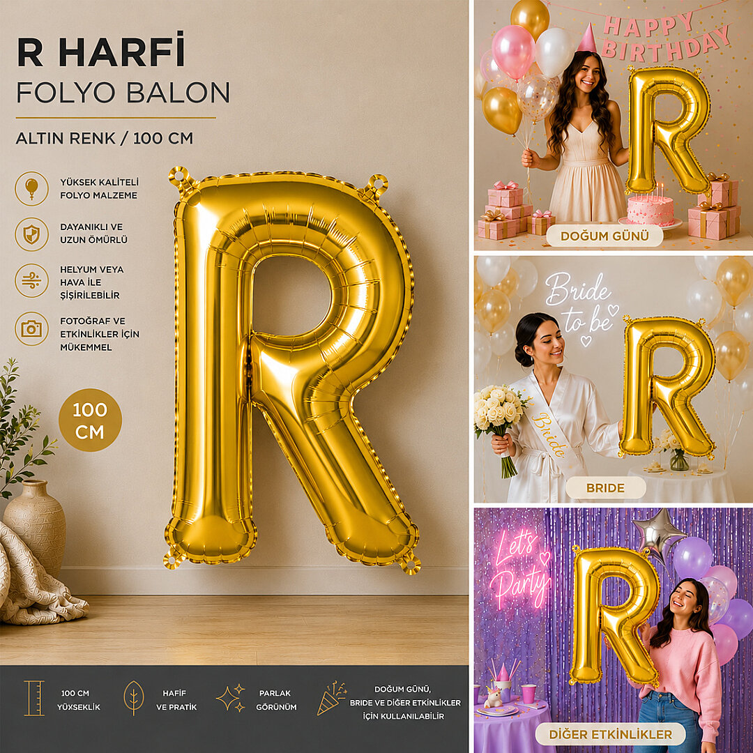 R Harfi Folyo Balon Altın Rengi (100 cm) - 2