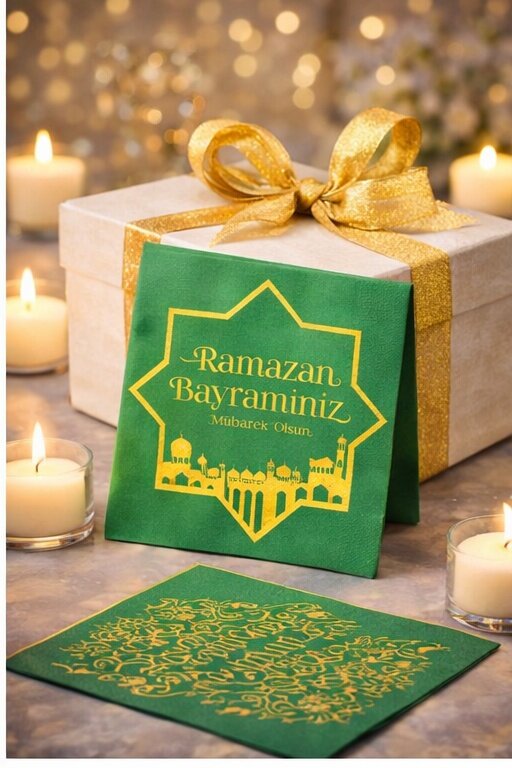 Ramazan Bayramı ALtın Varak Desenli Yeşil Peçete - Beysüs
