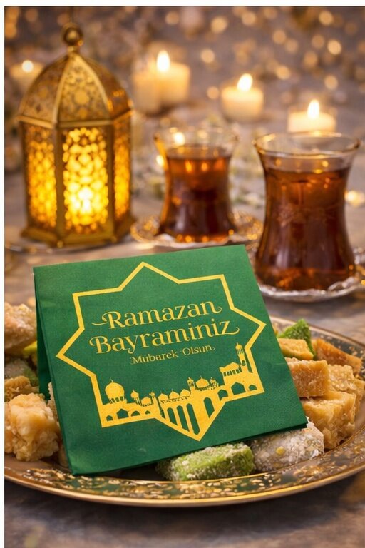 Ramazan Bayramı ALtın Varak Desenli Yeşil Peçete - 3