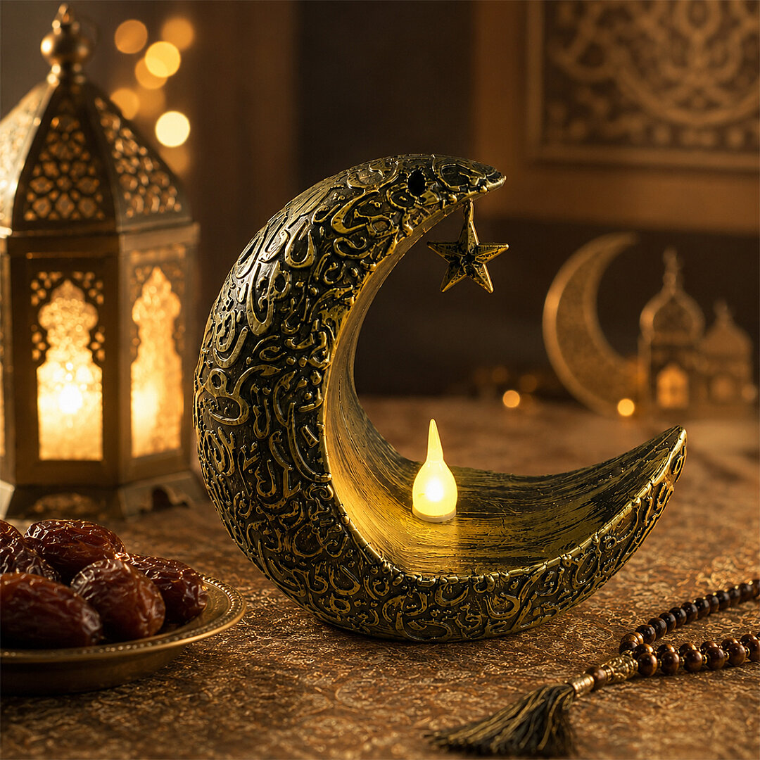 Ramazan Temalı Ay Şeklinde Masa Süsü Gold 10x10 cm - Beysüs