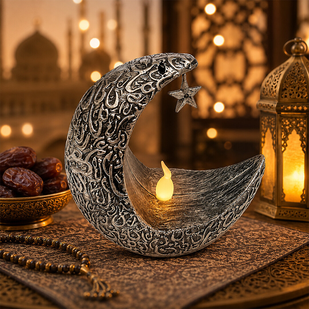 Ramazan Temalı Ay Şeklinde Masa Süsü Gümüş 10x10 cm - Beysüs