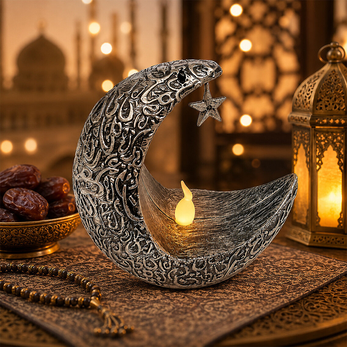 Ramazan Temalı Ay Şeklinde Masa Süsü Gümüş 10x10 cm - 1