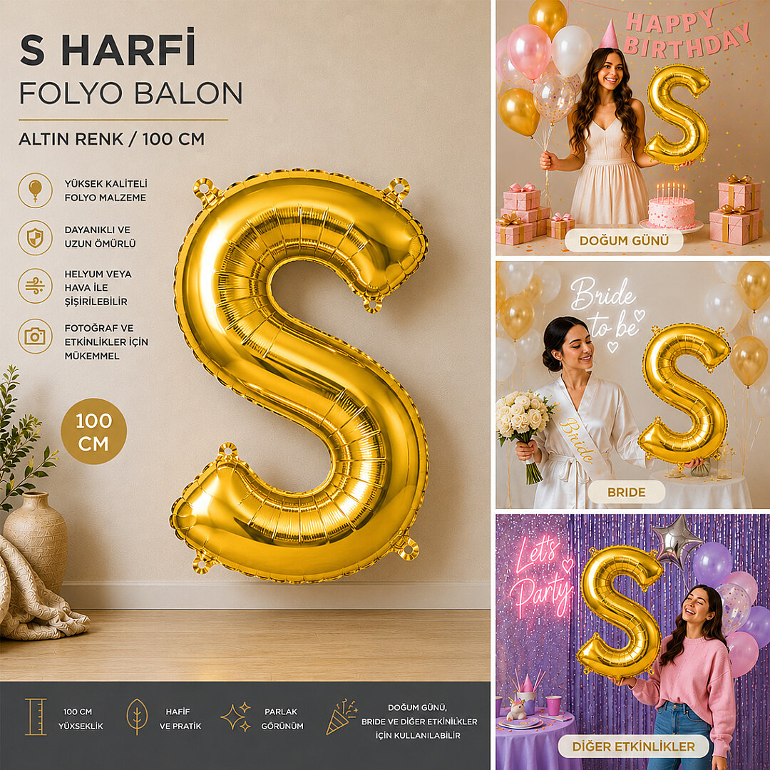 S Harfi Folyo Balon Altın Rengi (100 cm) - 2