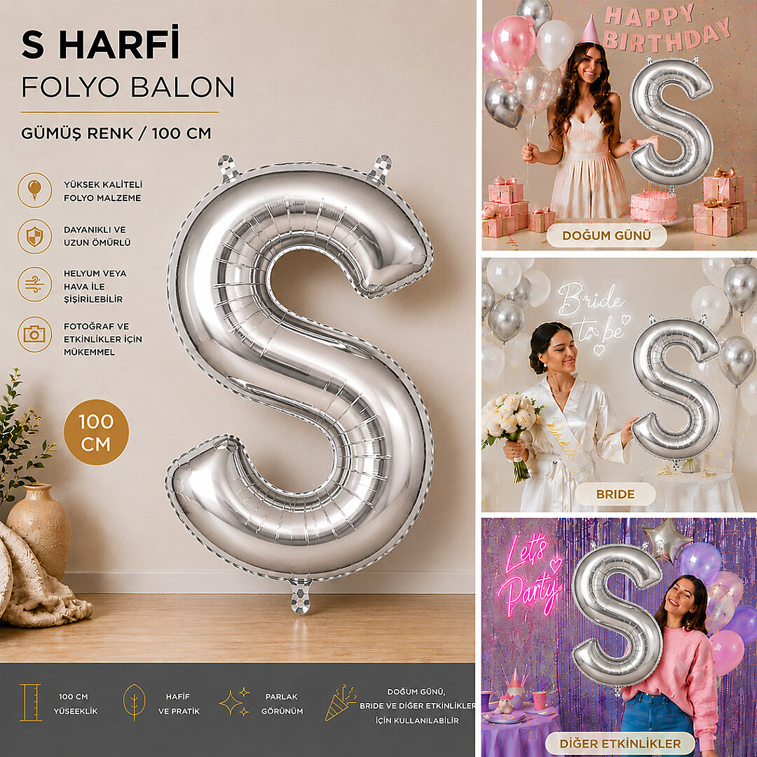 S Harfi Folyo Balon Gümüş Rengi (100 cm) - 2