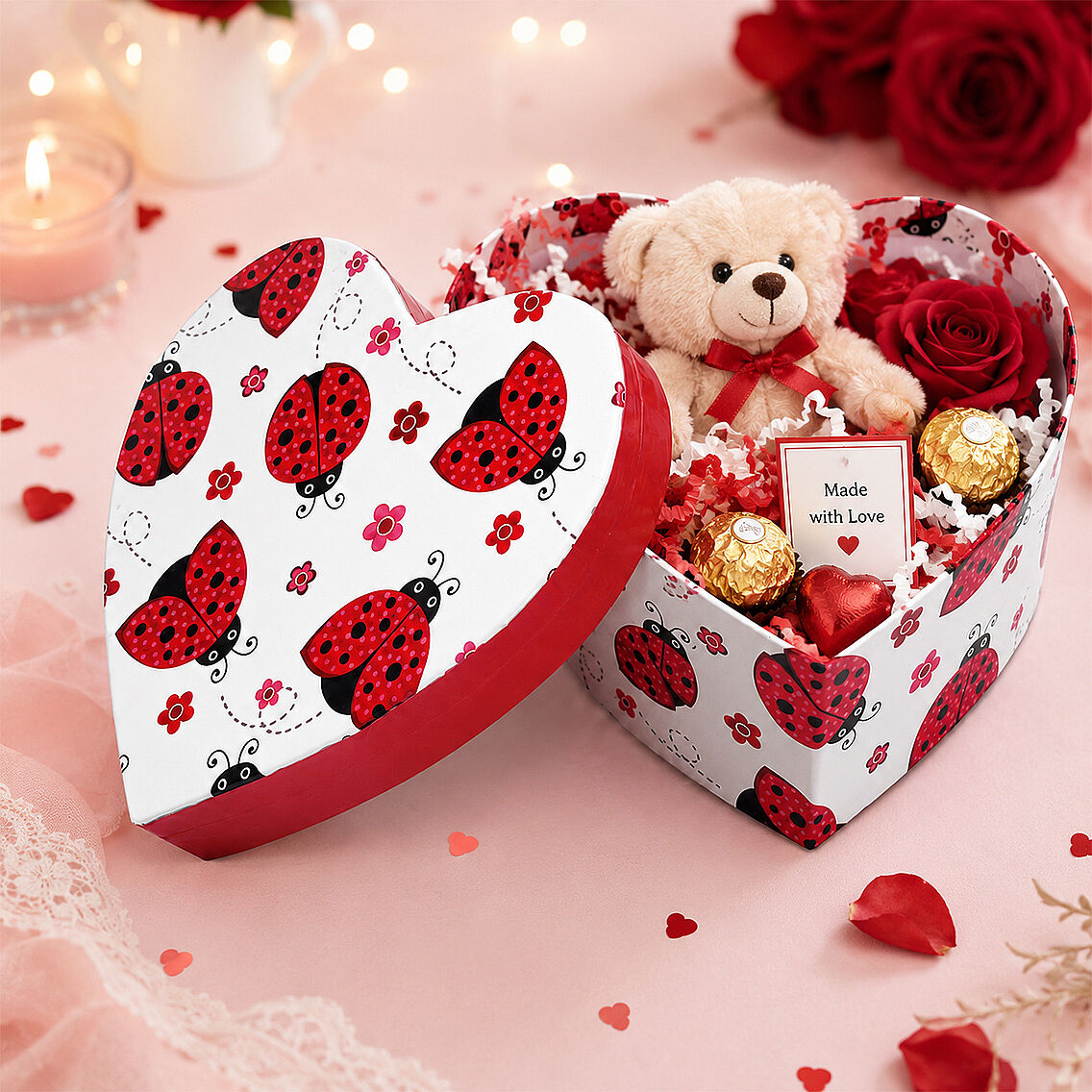 Sevgililer Günü 11 cm Hediyelik Uğur Böcekli Kalpli Kutu Beyaz - 2