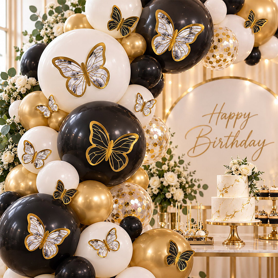 Siyah Beyaz Gold Detaylı Kelebek Balon Süsü 42’li - Beysüs