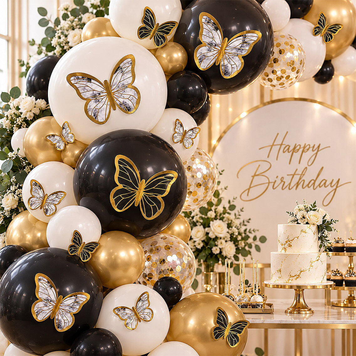 Siyah Beyaz Gold Detaylı Kelebek Balon Süsü 42’li - 1