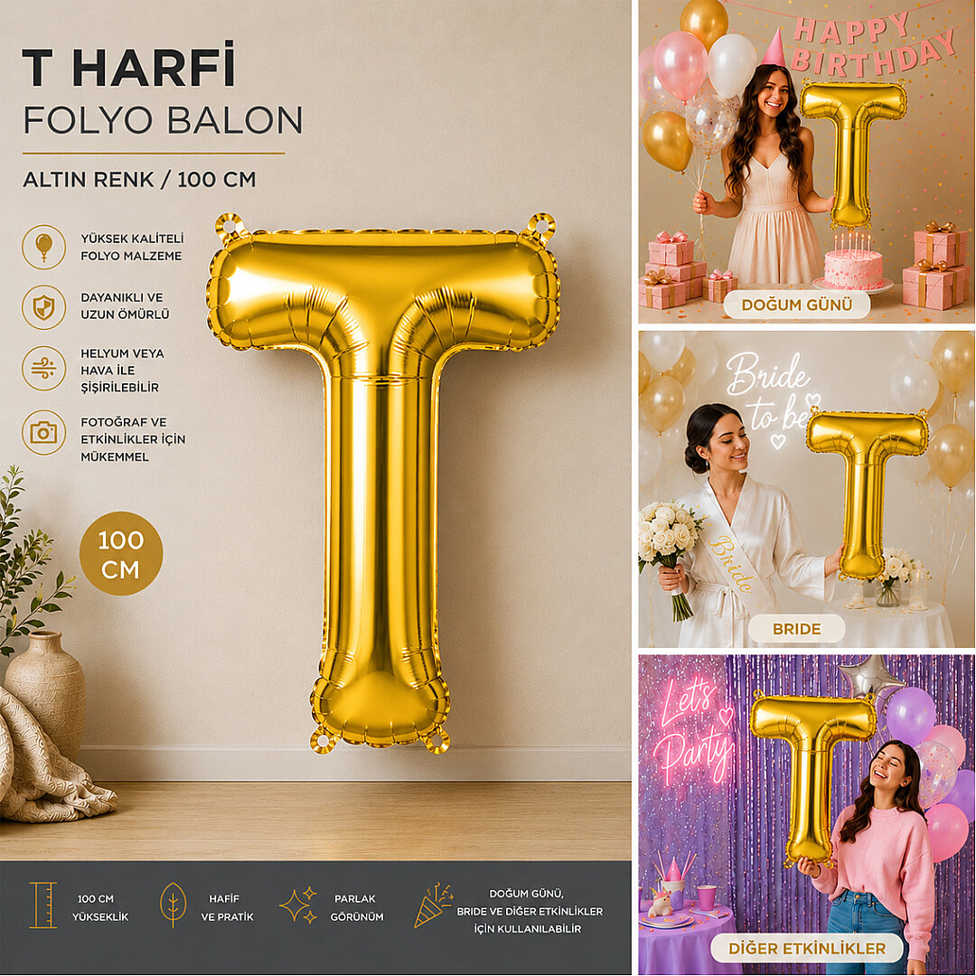 T Harfi Folyo Balon Altın Rengi (100 cm) - 2