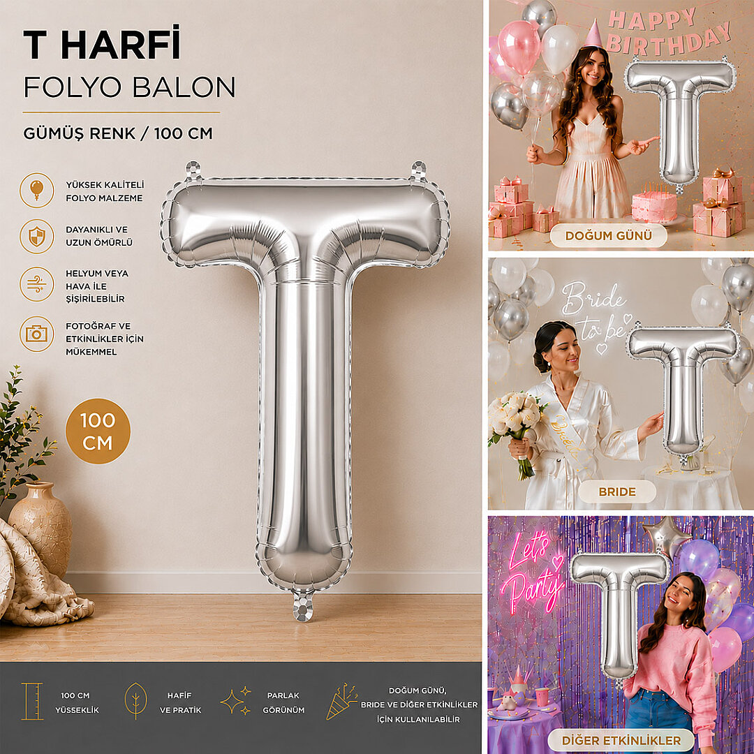T Harfi Folyo Balon Gümüş Rengi (100 cm) - 2