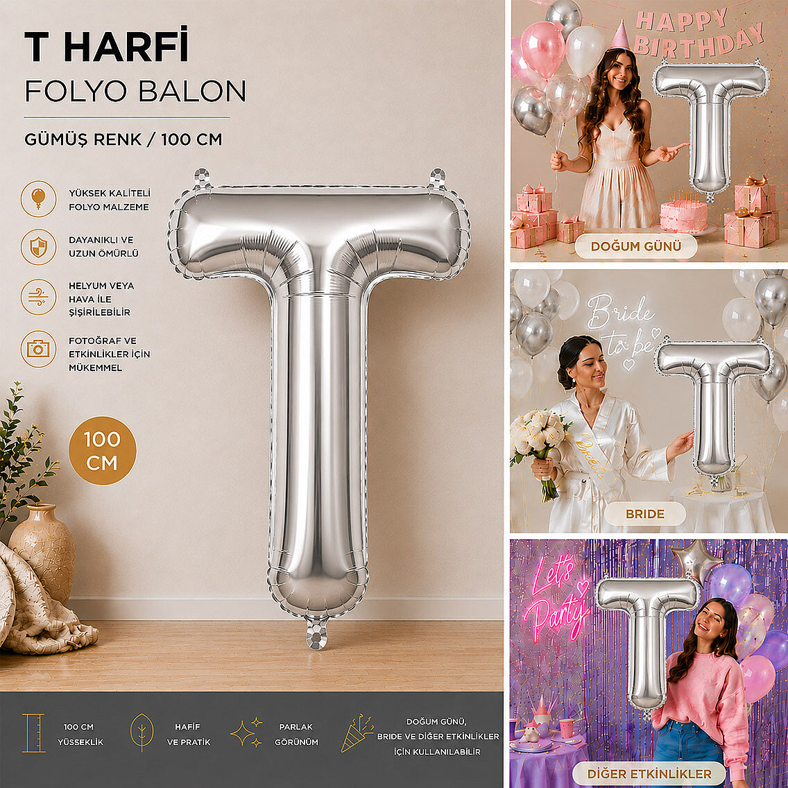 T Harfi Folyo Balon Gümüş Rengi (100 cm) - 2